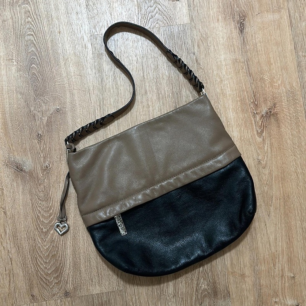 Brighton | Women's Two Tone Taupe Black Hobo Heart Charm Leather Shoulder Bag